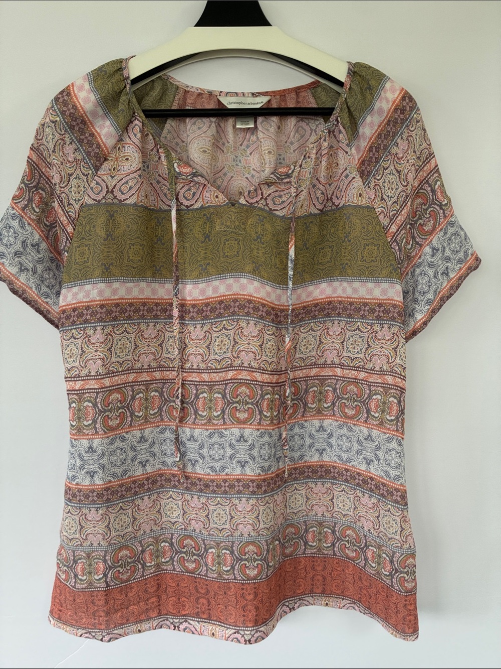 Christopher & Banks Patchwork Paisley Split Neck Blouse Top Medium M